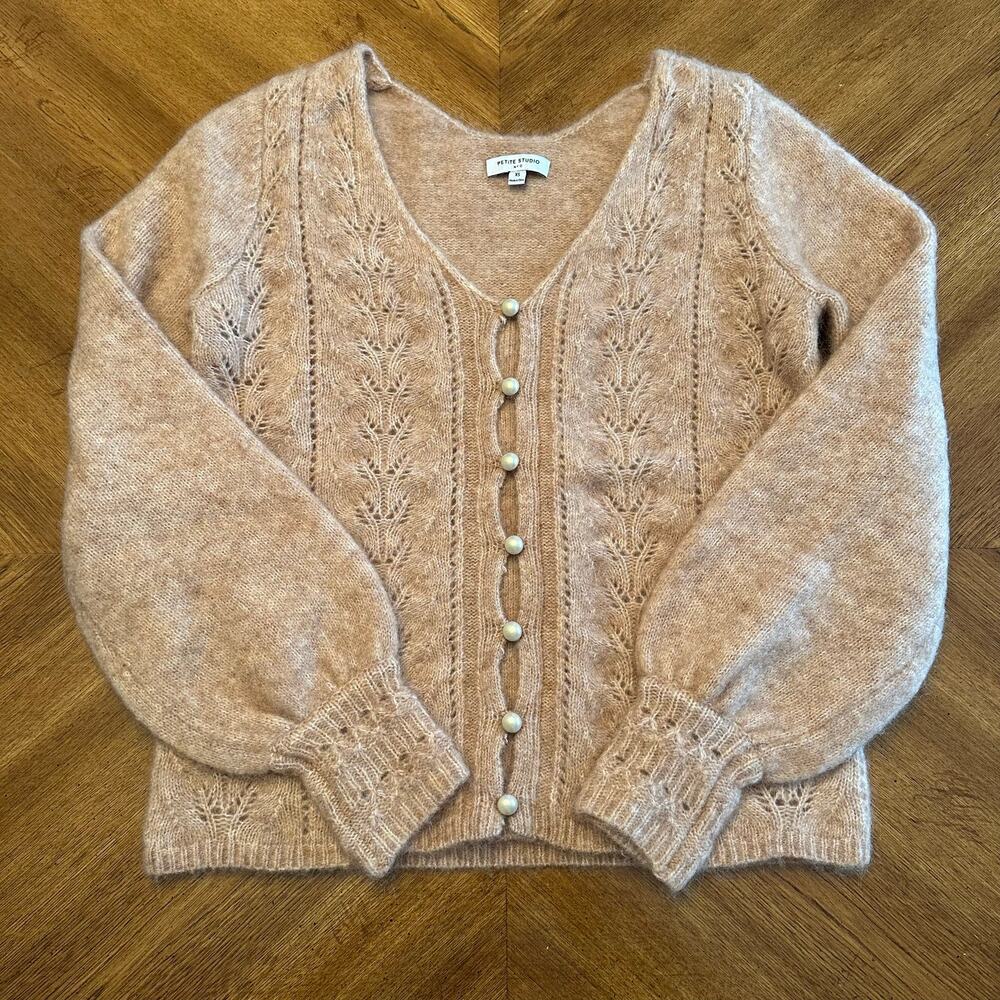 Petite Studio Carissa Mohair Wool Cardigan Pearl Accent Buttons Tan Camel Sz XS